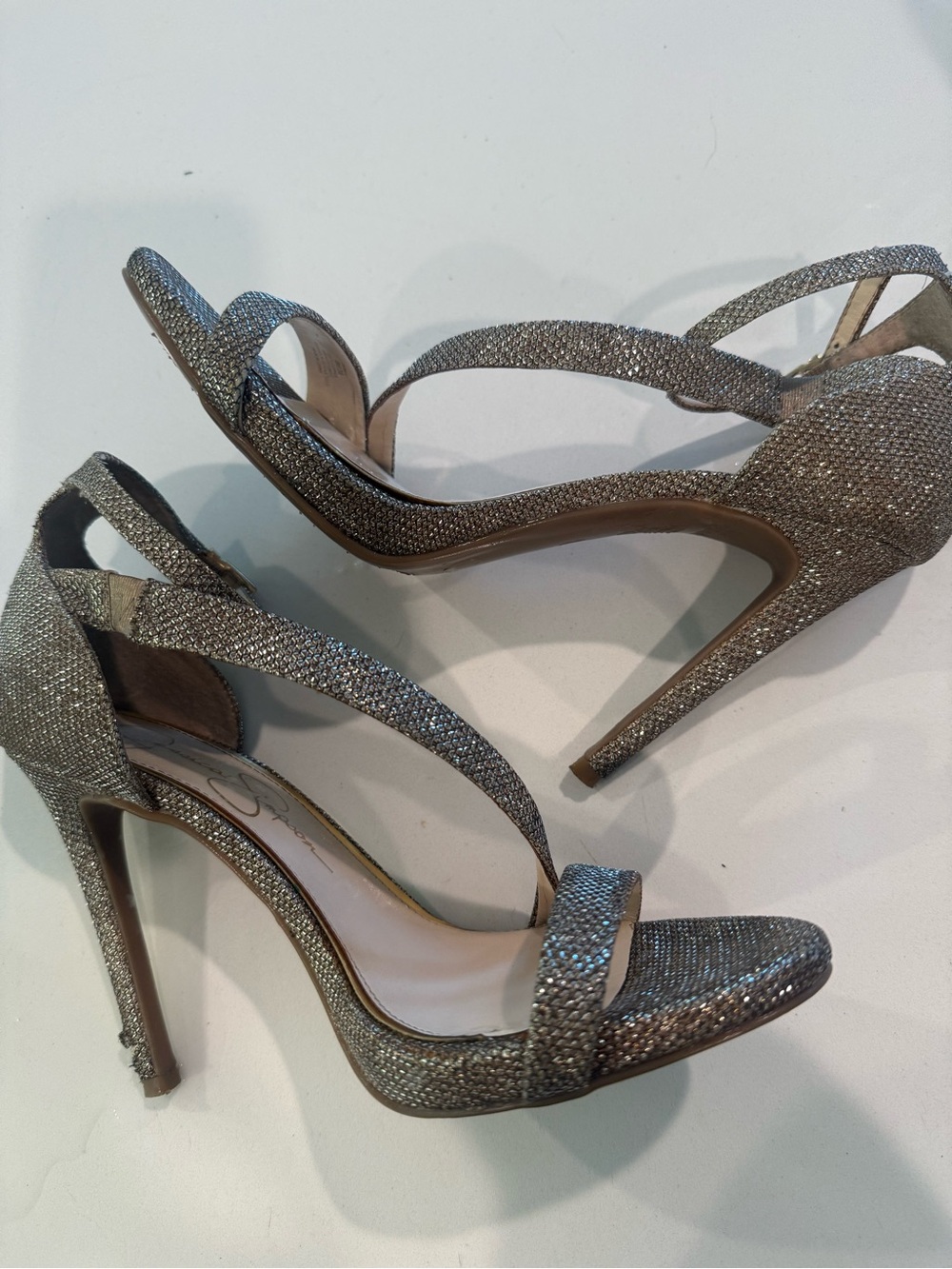 Jessica Simpson gold pewter Glitter Open-Toe High Heel stiletto Sandals